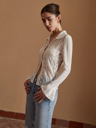 Semi-Sheer Lace Floral Long Sleeve Shirt