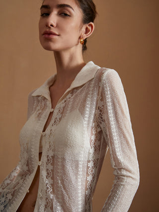 Semi-Sheer Lace Floral Long Sleeve Shirt