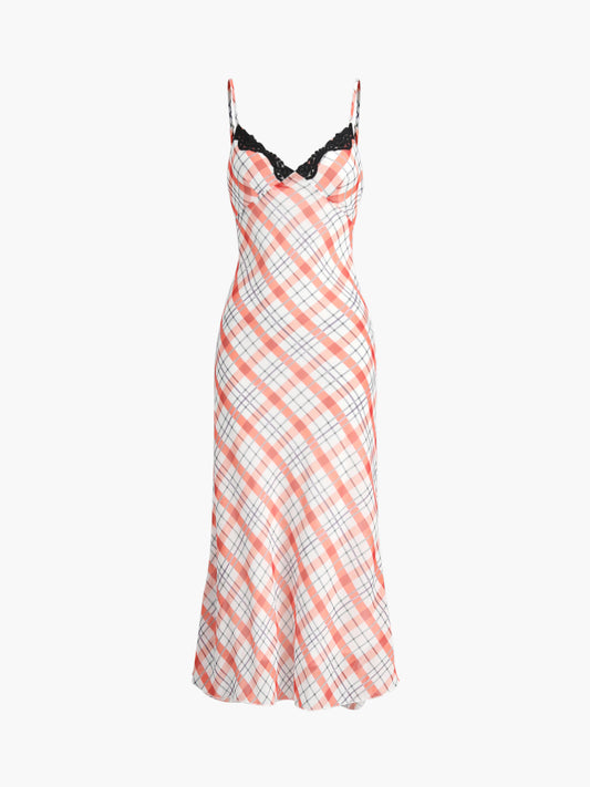 Plaid Print Lace Trim Long Dress