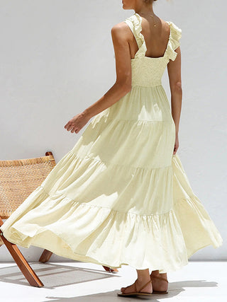 Ruffle Shouder V Neck Tiered Long Dress