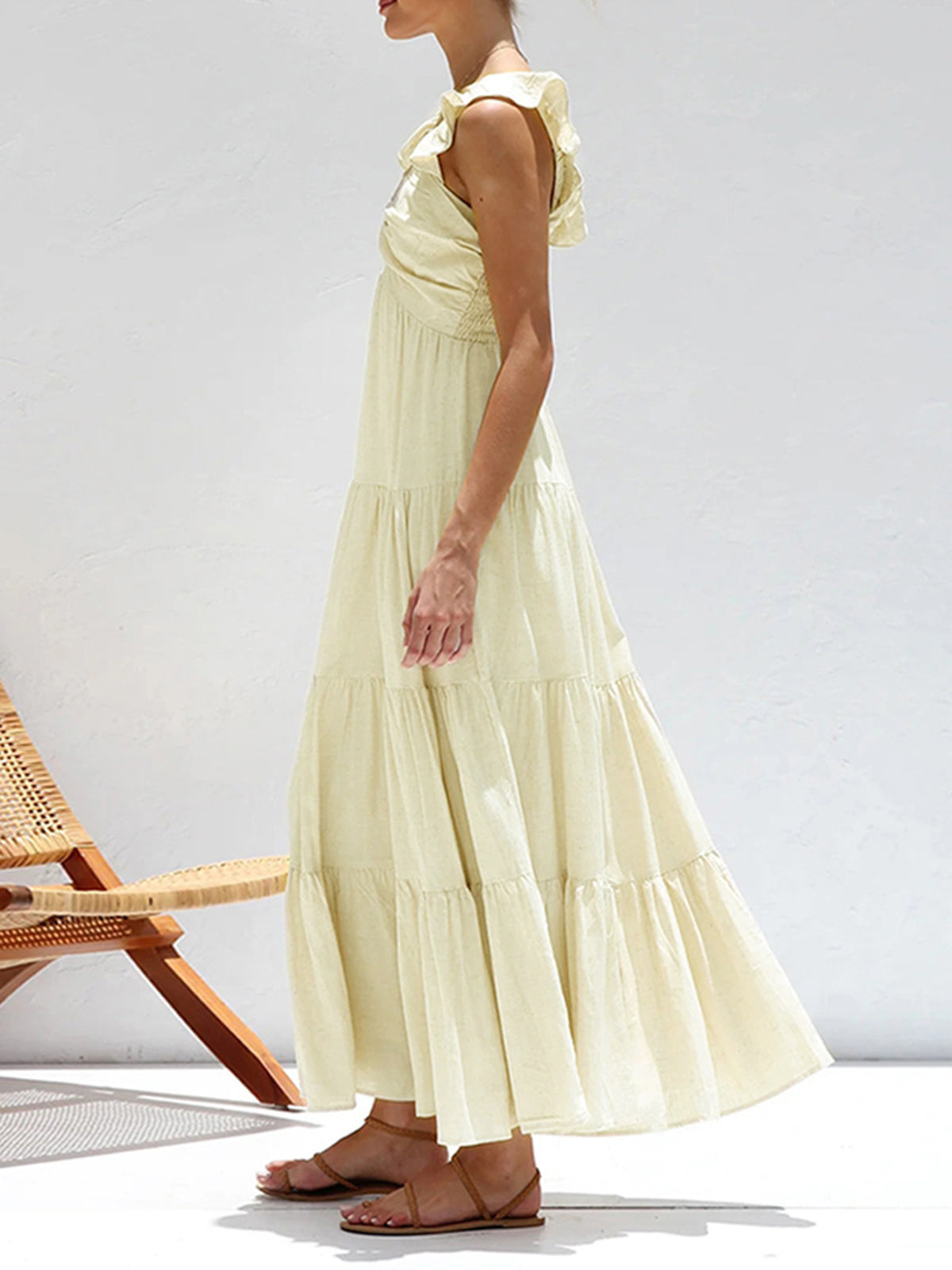 Ruffle Shouder V Neck Tiered Long Dress