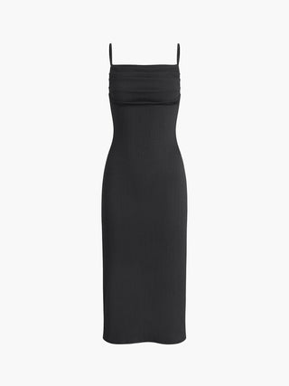 Solid Backless Pleated Midi Dress