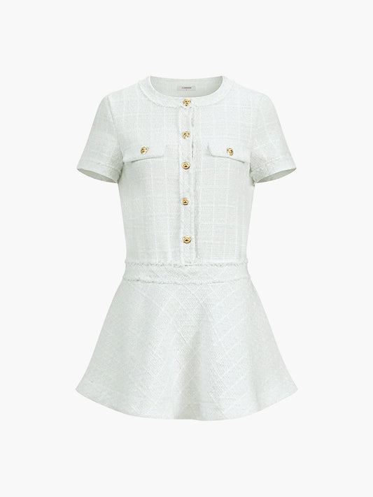 Tweed Metal Button Short Dress