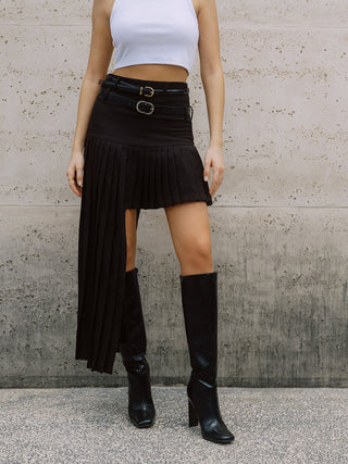 Irregular Hem Belted Pleated Midi Skirt