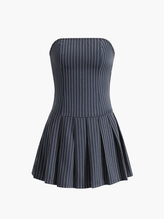 Pinstripe Tube Short Pleated Dress