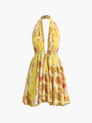 Tropical Print Halter Backless Short Dress