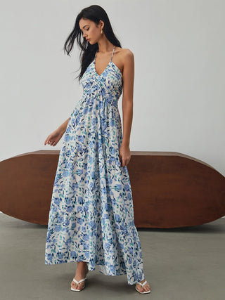 Floral Print Halter Long Dress