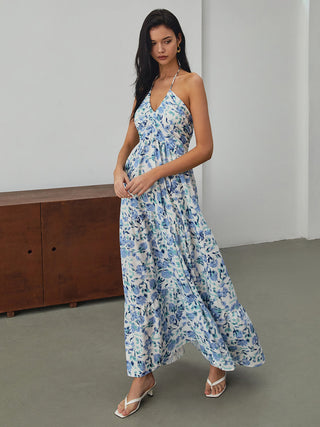 Floral Print Halter Long Dress