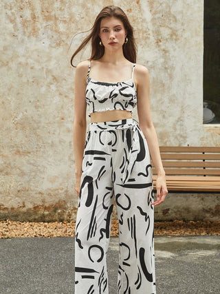 Irregular Print Pockets Belted Pants Set