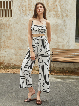 Irregular Print Pockets Belted Pants Set