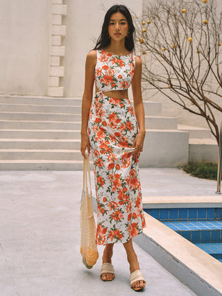 Floral Print Knotted Cutout Split Long Dress