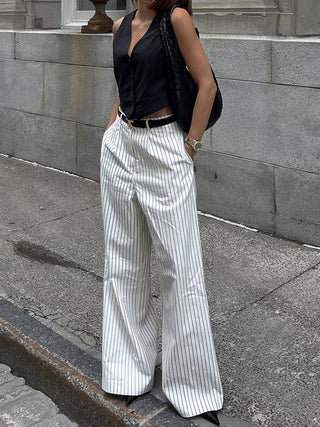 Striped Pockets Wide Leg Pants Without Belt