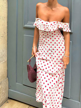 Sweetie Polka Dot Ruffle Hem Off-Shoulder Long Dress