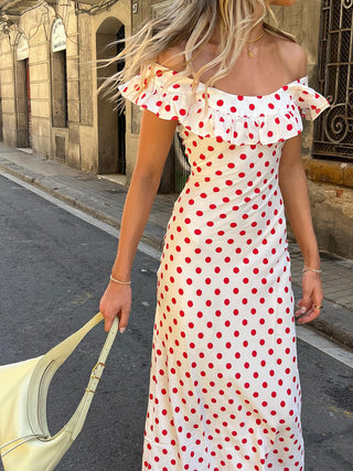 Sweetie Polka Dot Ruffle Hem Off-Shoulder Long Dress