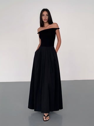 Solid Off-Shoulder Pleated Long Dress