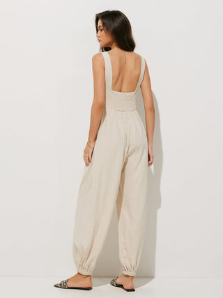 Pure Cotton Backless Tie-Front Jumpsuit