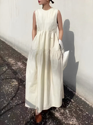 Solid Pockets Sleeveless Long Dress