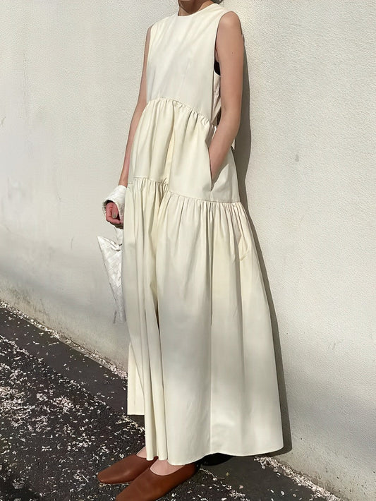 Solid Pockets Sleeveless Long Dress