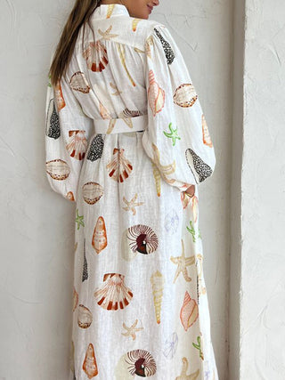 Marine Life Print Button-Front Belted Long Dress