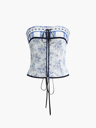 Floral Print Lace Trim Knotted Tube Top