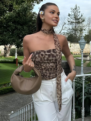 Leopard Print Tie Neck Backless Tube Top