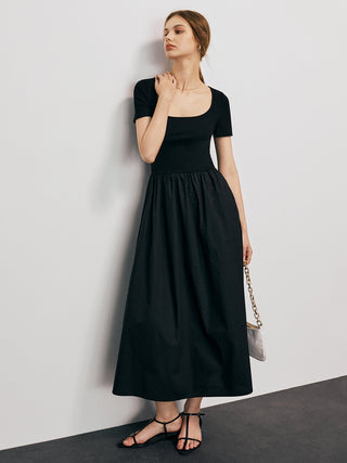 Solid Round Neck Pleated Midi Dress