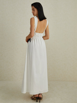 Backless V-neck Drawstring Long Dress