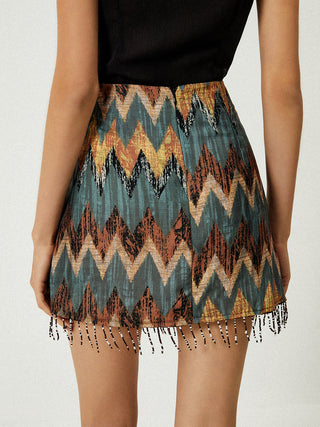 Print Tassel Hem Knotted Mini Skirt