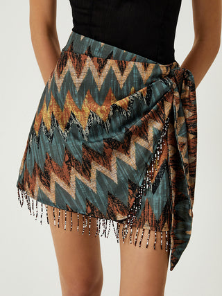 Print Tassel Hem Knotted Mini Skirt