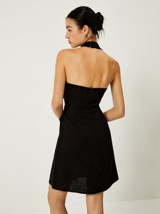 Asymmetrical Neck Halter Backless Short Dress