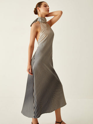 Striped Halter Backless Midi  Dress