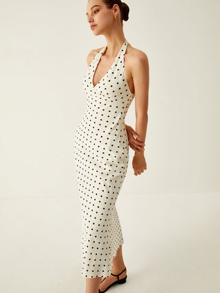 Polka Dot Print V-Neck Halter Midi Dress