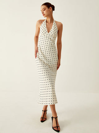 Polka Dot Print V-Neck Halter Midi Dress