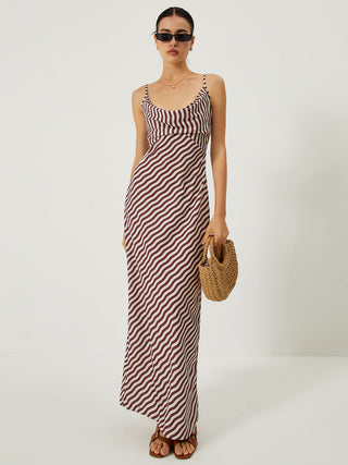 Stripe Low Cut Slim Long Dress