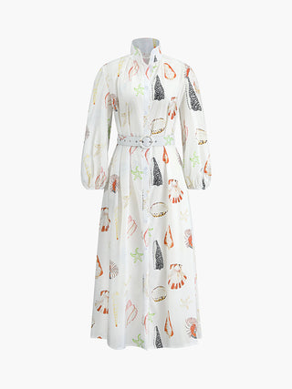 Marine Life Print Button-Front Belted Long Dress