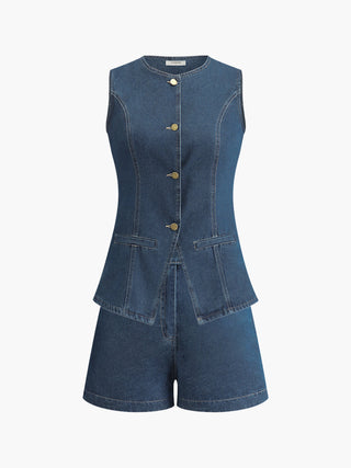 Denim Peplum Vest With Shorts Set