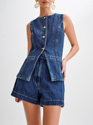 Denim Peplum Vest With Shorts Set