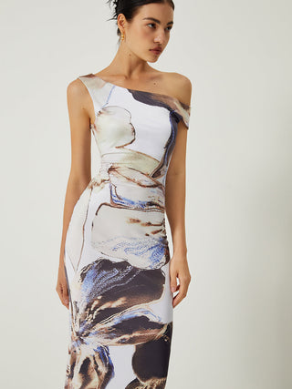 Asymmetrical Printed Off-Shoulder Slim Long Dress