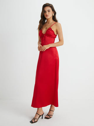 V-Neck Backless Tie Front Long Dress