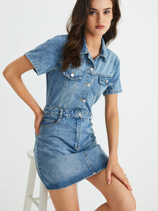 Denim Multi-Button Pockets Short Dress