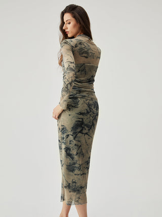 Mesh Floral Print Ruched Long Sleeve Long Dress