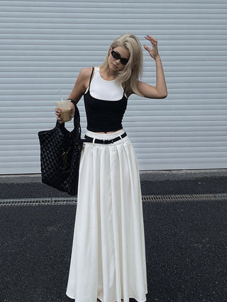 Belted Pleated Long Skirt