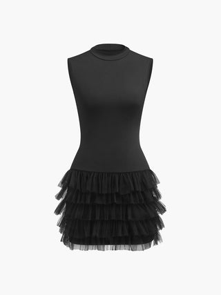 Ruffle Mock-Neck Slim Layered Dress