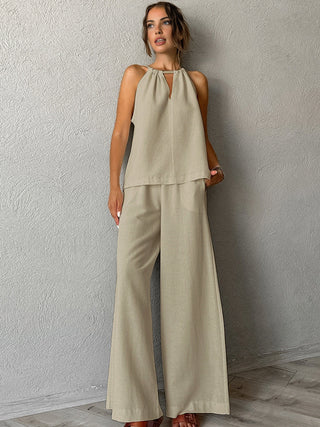 Pure Cotton Cutout Tank Top With Wide Leg Pants Set