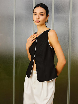 Contrast Trim Cotton & Linen Vest