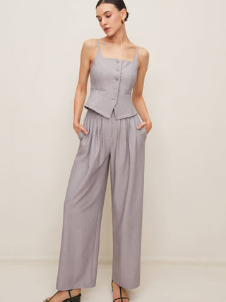 Pleated Sleeveless Plain Pants Set