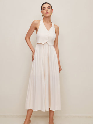 Button Halter Vest With Pleated Long Skirt Set