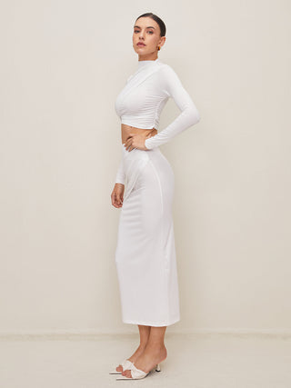 Solid Long Sleeve Open Navel Skirt Set