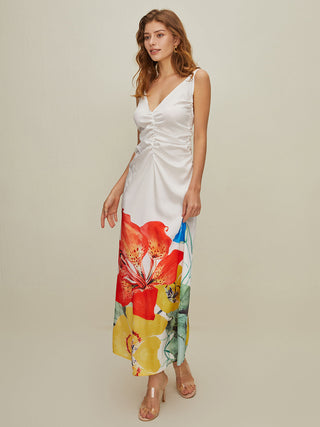 Print V Neck Halter Backless Long Dress