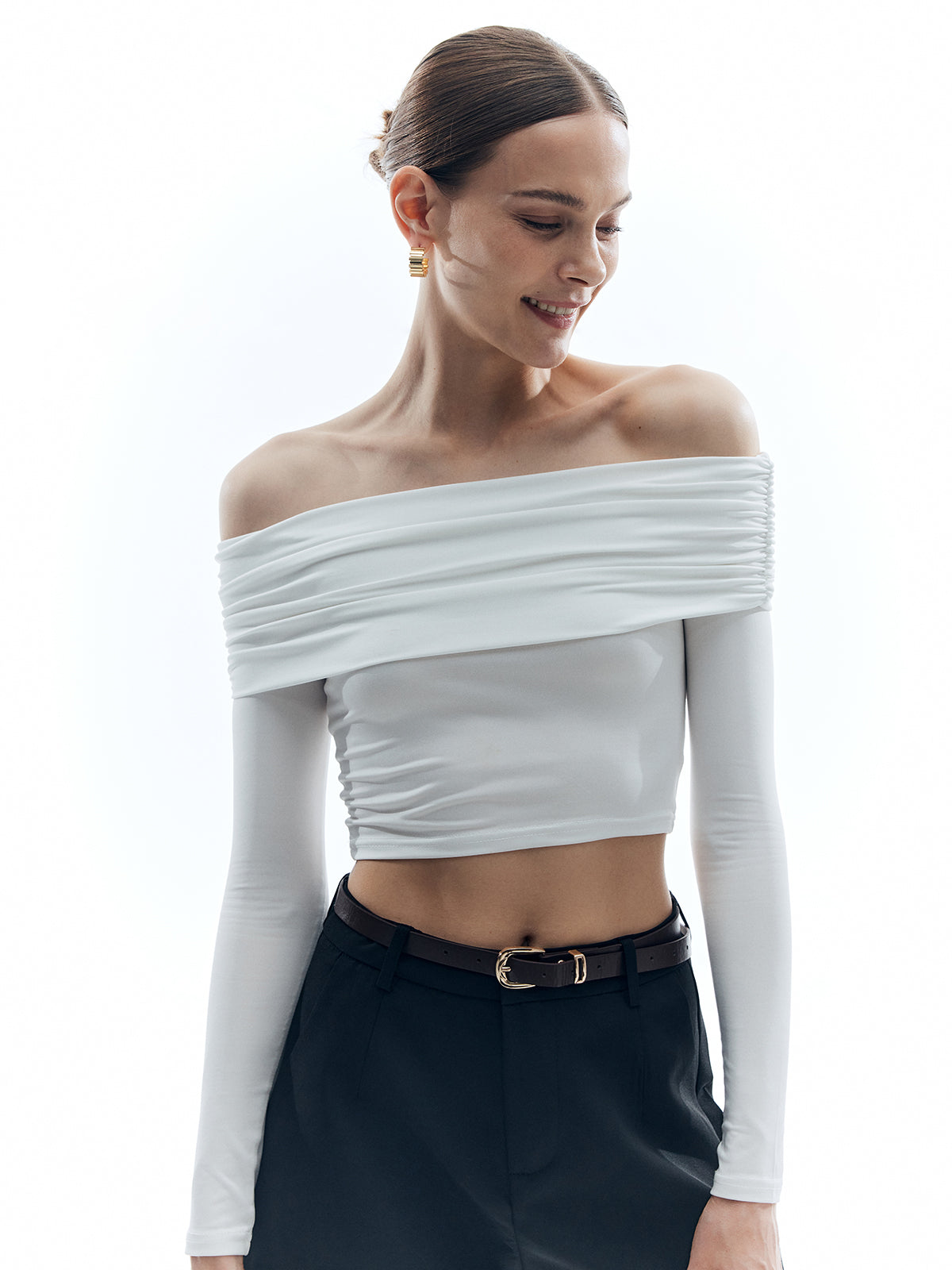 Off Shoulder Solid Slim T-shirt